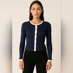 Negative Navy Ribbed Contrast Trim Snap Button Long Sleeve Top Size Small